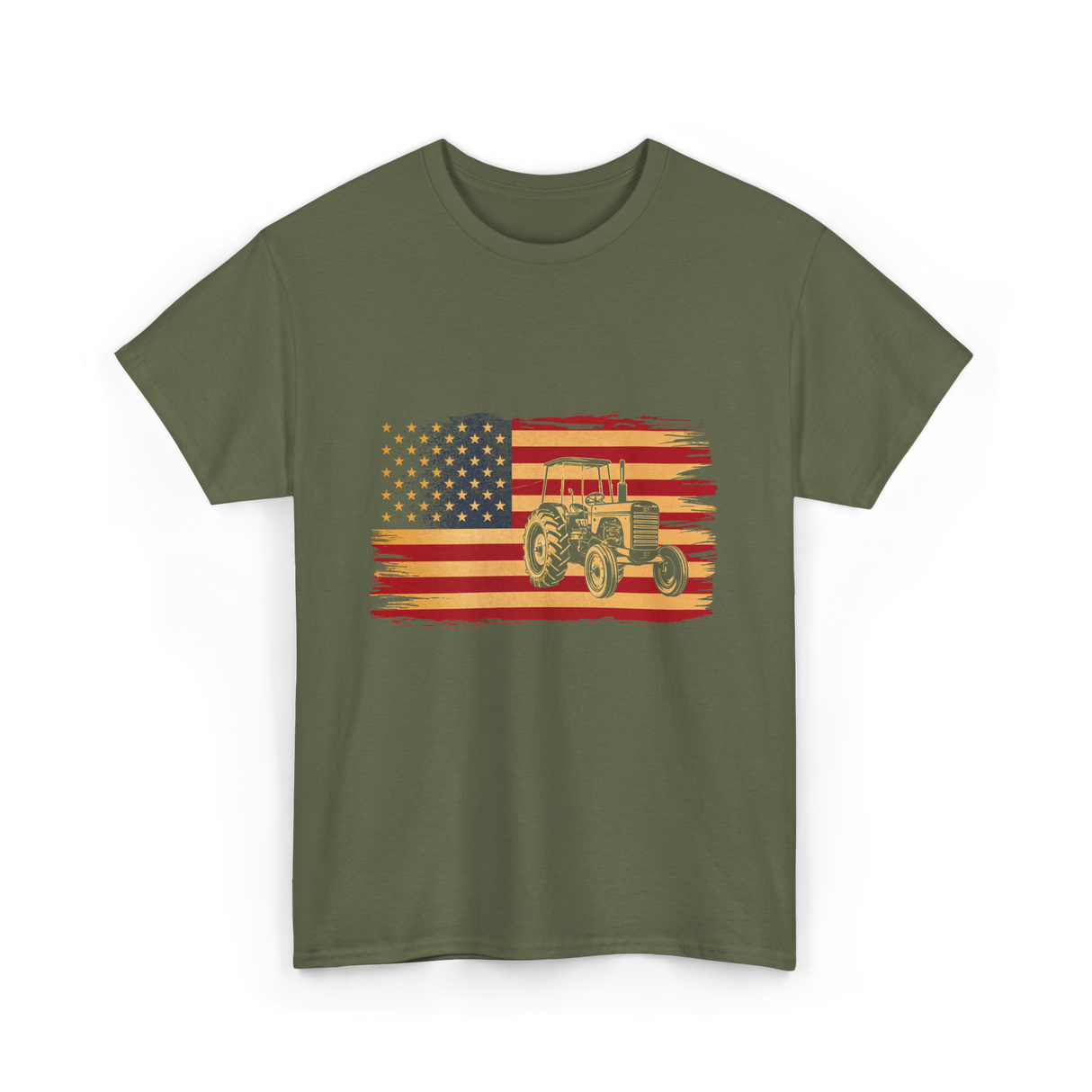Farm Tractor USA Flag Farming T-Shirt - Military Green