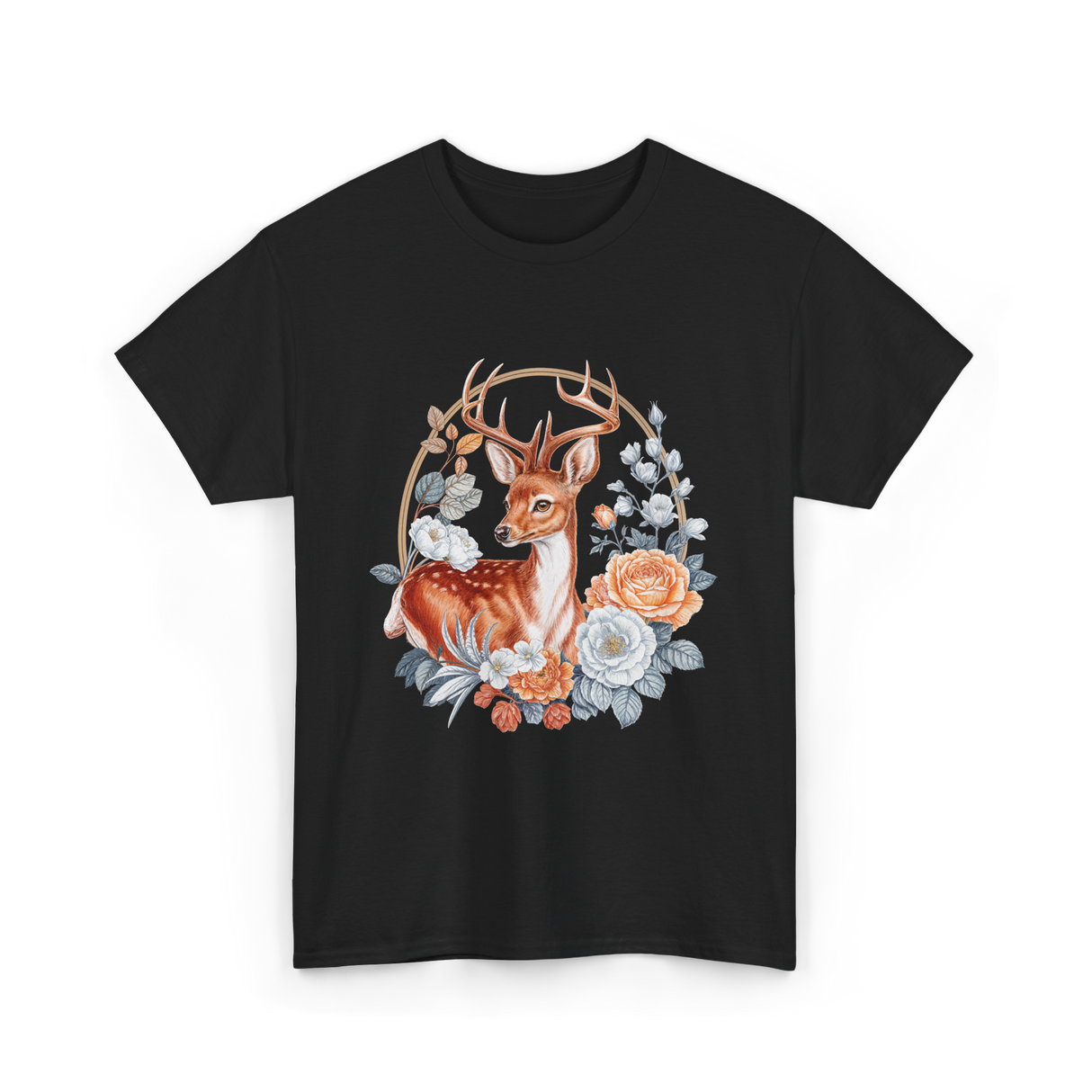 Floral Deer Aesthetic Wildlife T-Shirt - Black