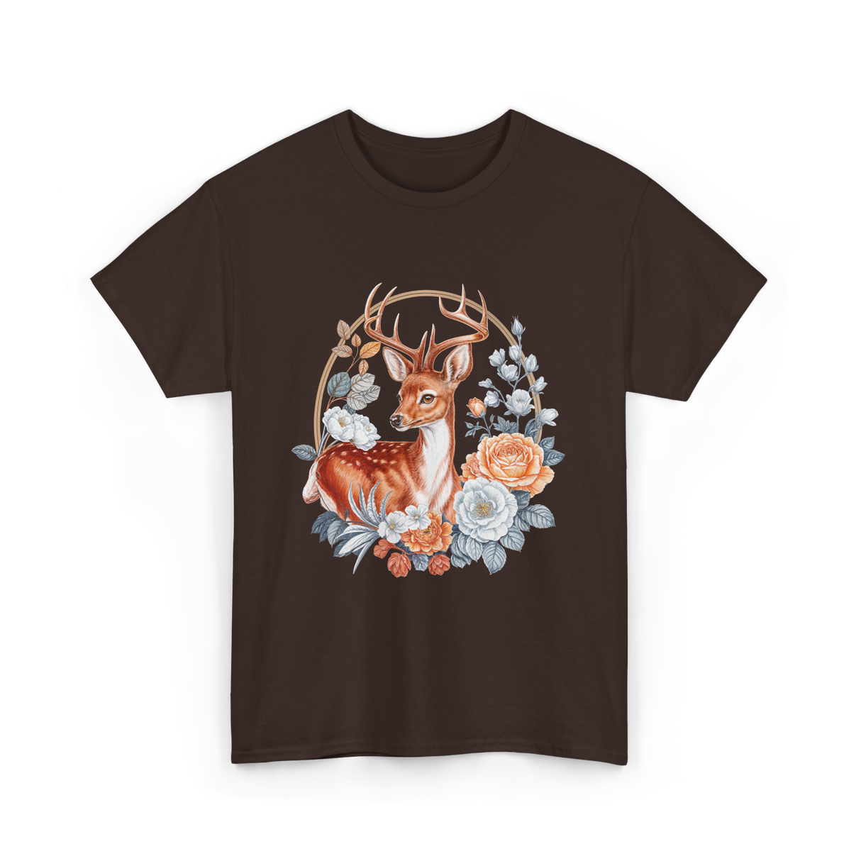 Floral Deer Aesthetic Wildlife T-Shirt - Dark Chocolate