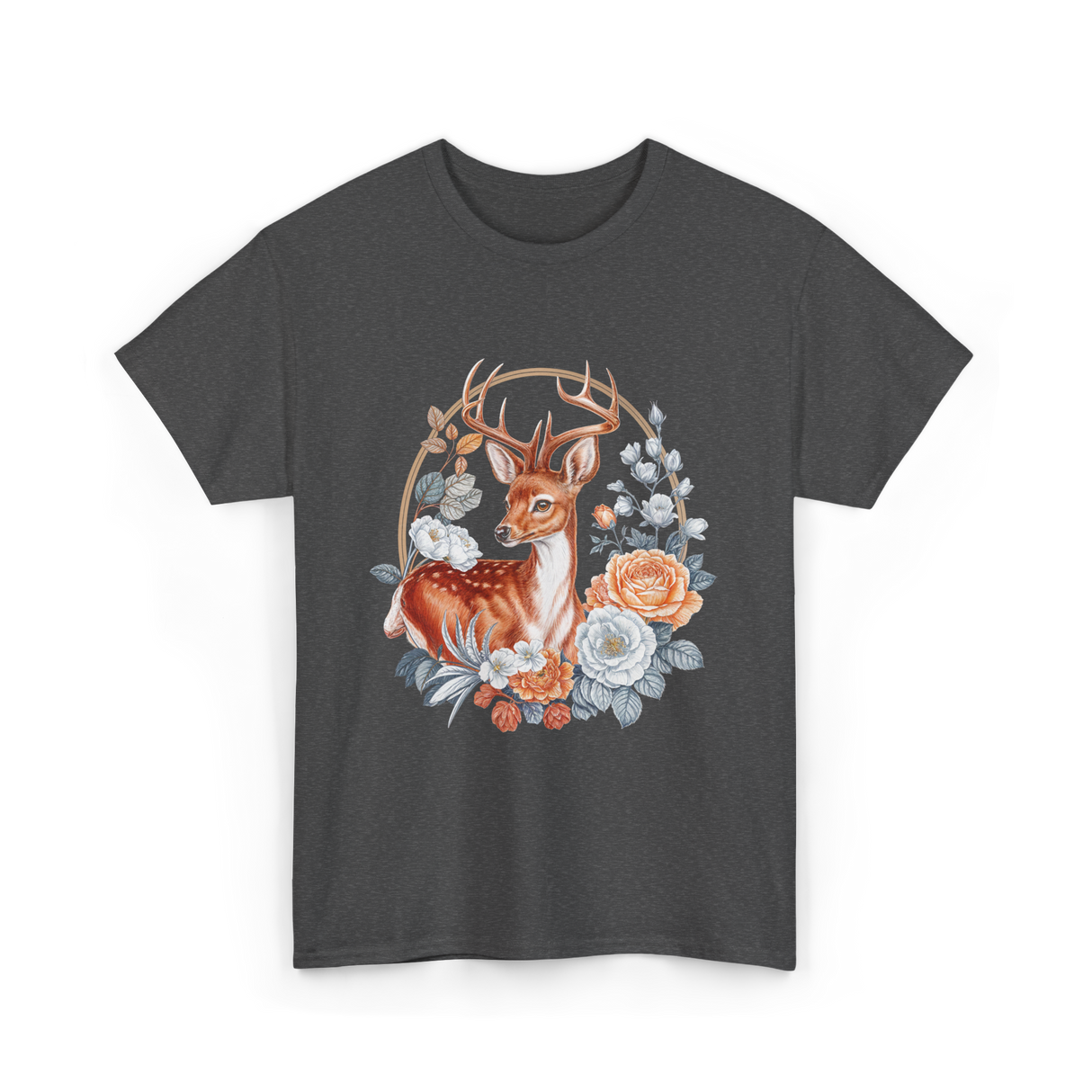 Floral Deer Aesthetic Wildlife T-Shirt - Dark Heather