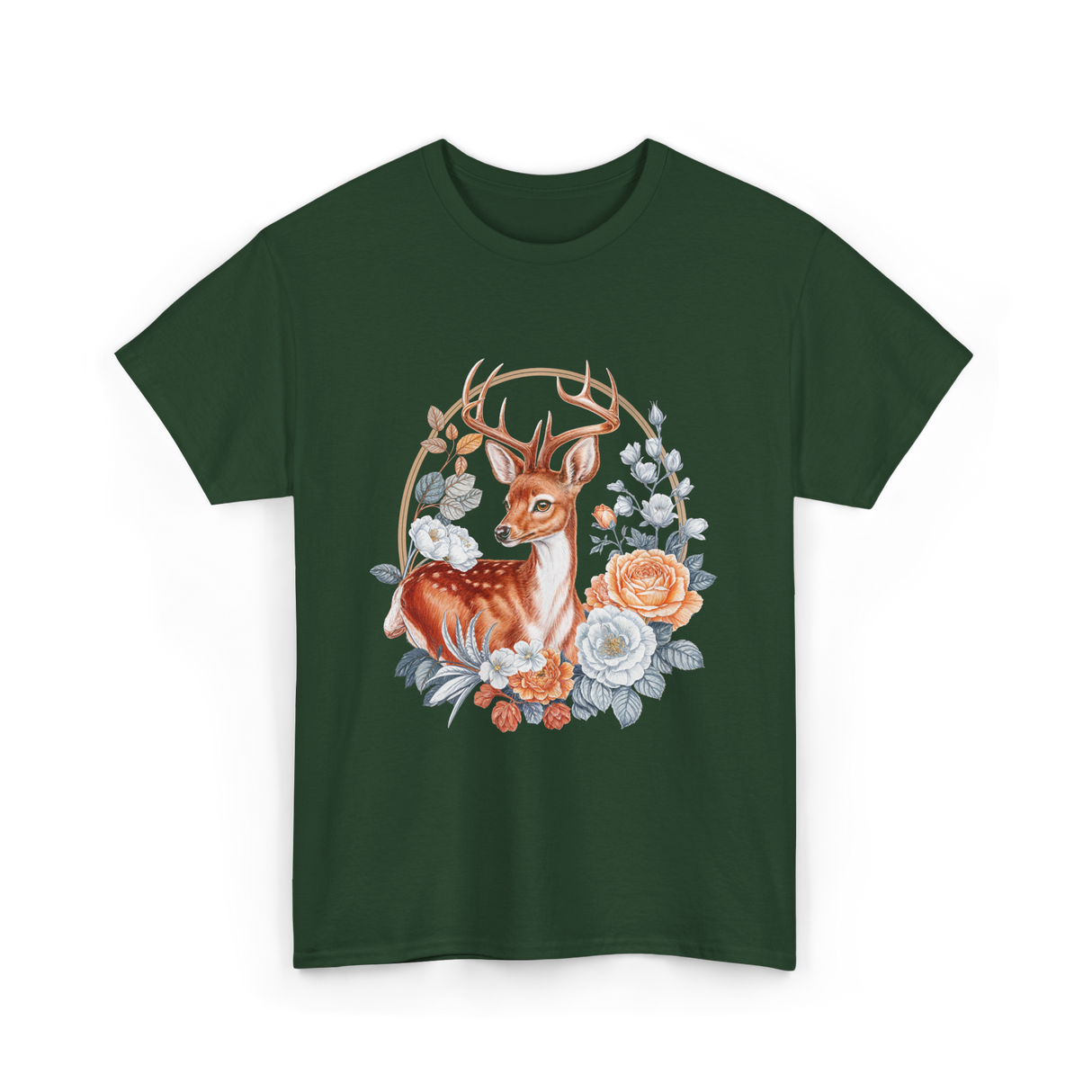 Floral Deer Aesthetic Wildlife T-Shirt - Forest Green
