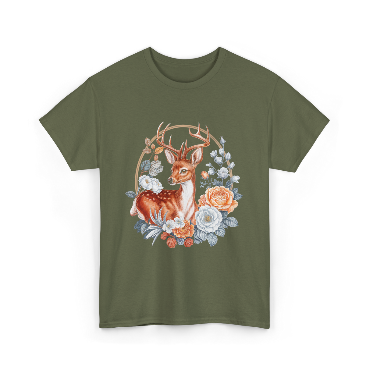 Floral Deer Aesthetic Wildlife T-Shirt - Military Green
