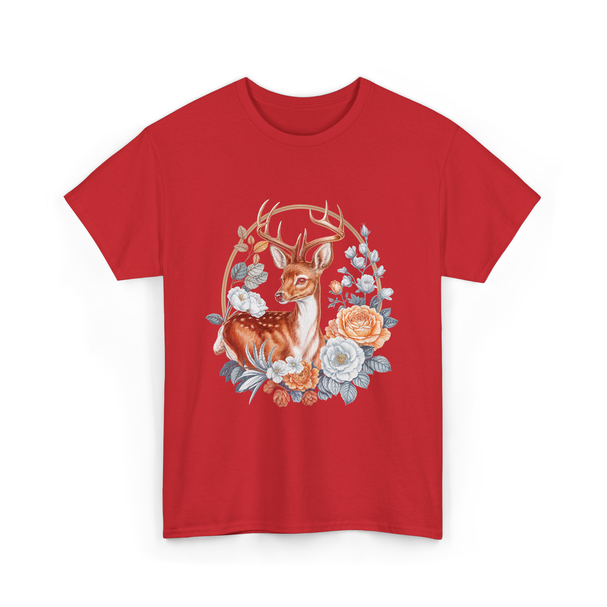 Floral Deer Aesthetic Wildlife T-Shirt - Red