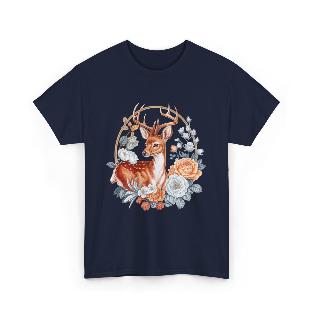 Floral Deer Aesthetic Wildlife T-Shirt - Navy