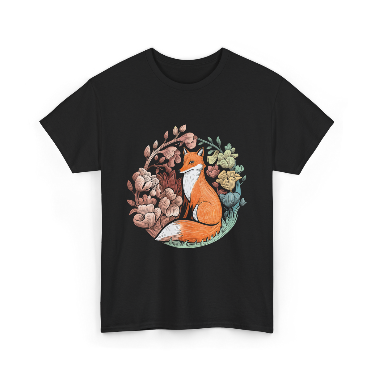 Floral Fox Aesthetic Fox T-Shirt - Black