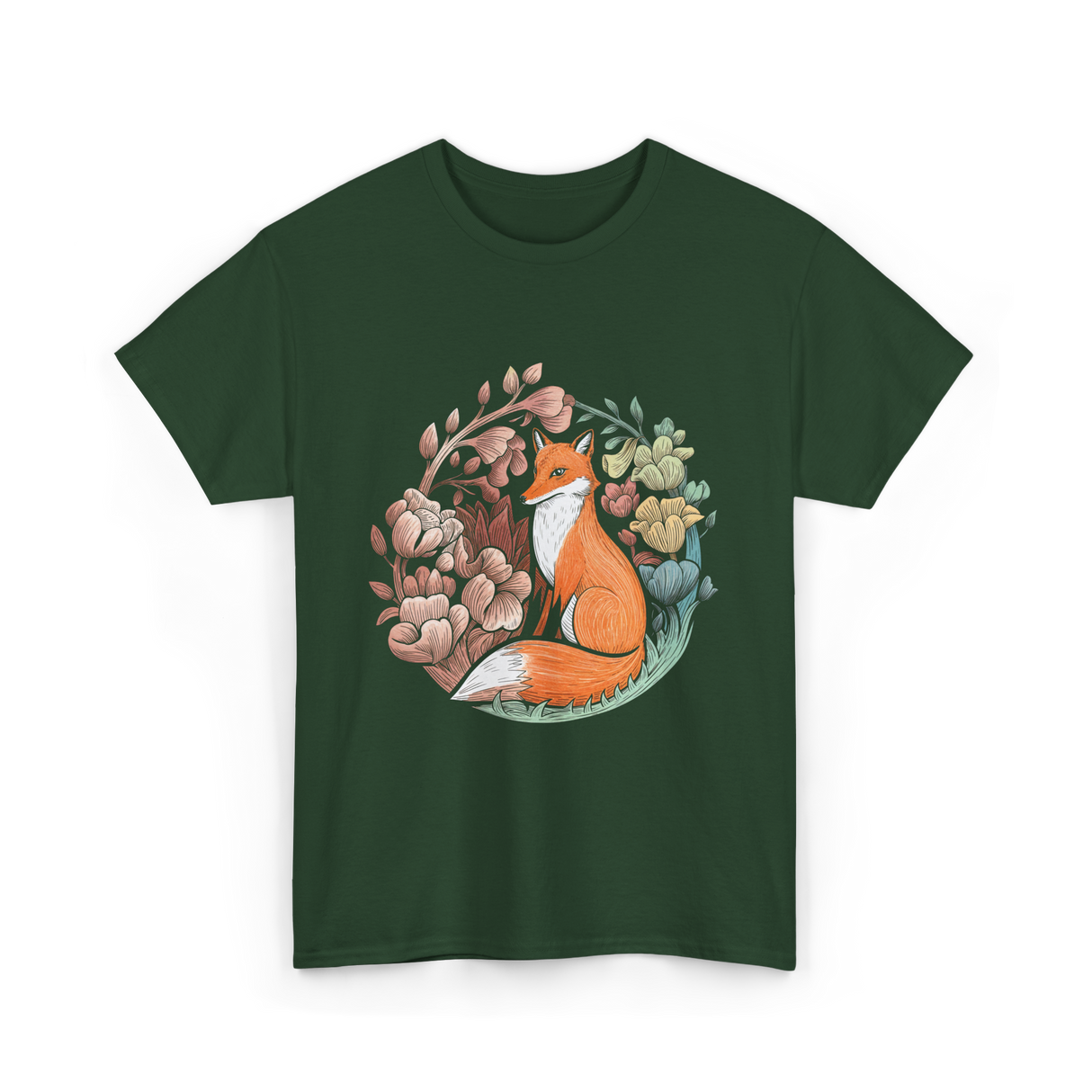 Floral Fox Aesthetic Fox T-Shirt - Forest Green