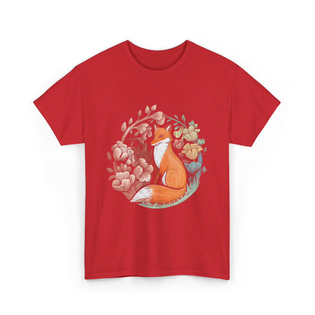 Floral Fox Aesthetic Fox T-Shirt - Red