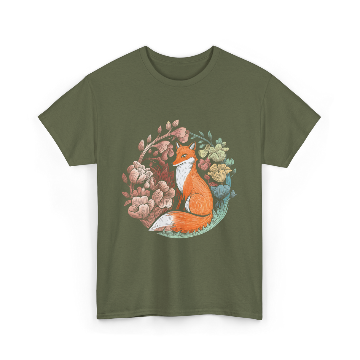 Floral Fox Aesthetic Fox T-Shirt - Military Green