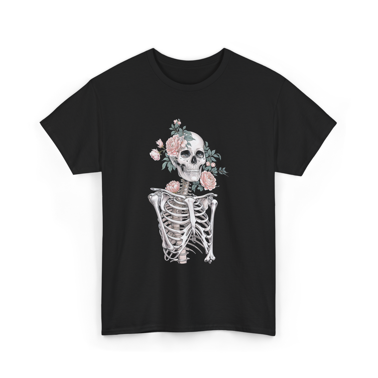 Floral Skeleton Goth Aesthetic T-Shirt - Black