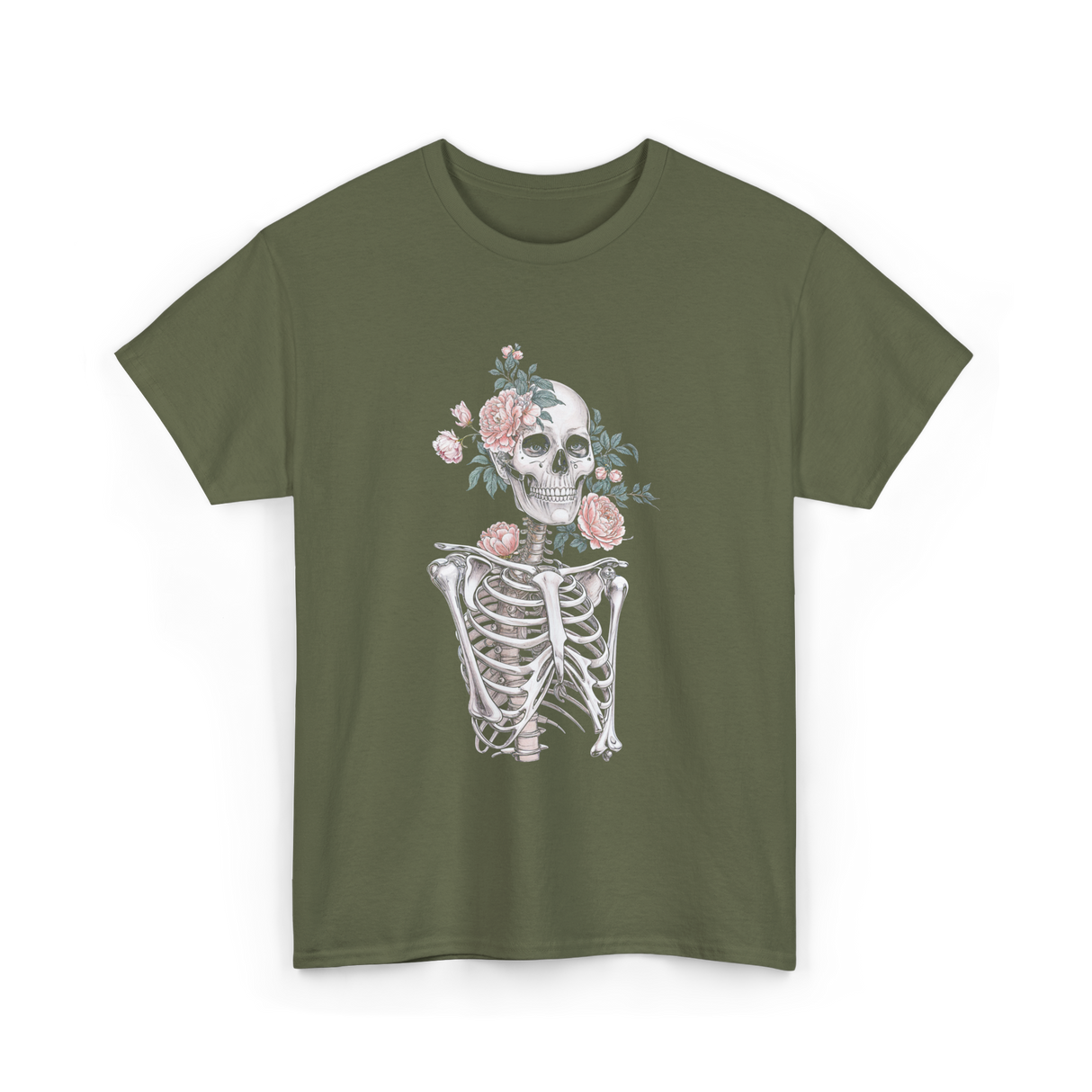 Floral Skeleton Goth Aesthetic T-Shirt - Military Green
