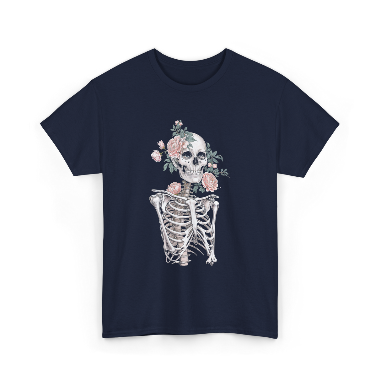 Floral Skeleton Goth Aesthetic T-Shirt - Navy