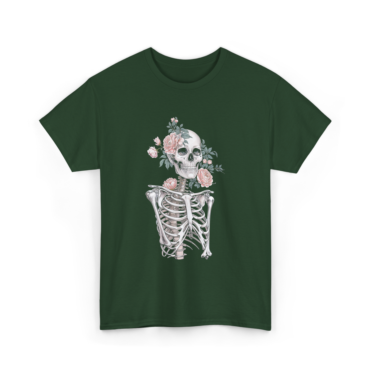 Floral Skeleton Goth Aesthetic T-Shirt - Forest Green
