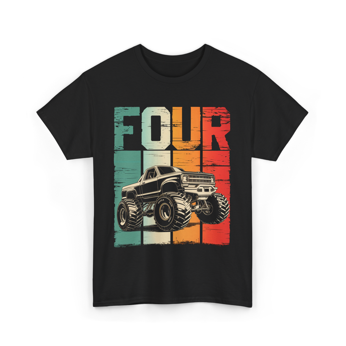 Four Monster Truck Birthday T-Shirt - Black