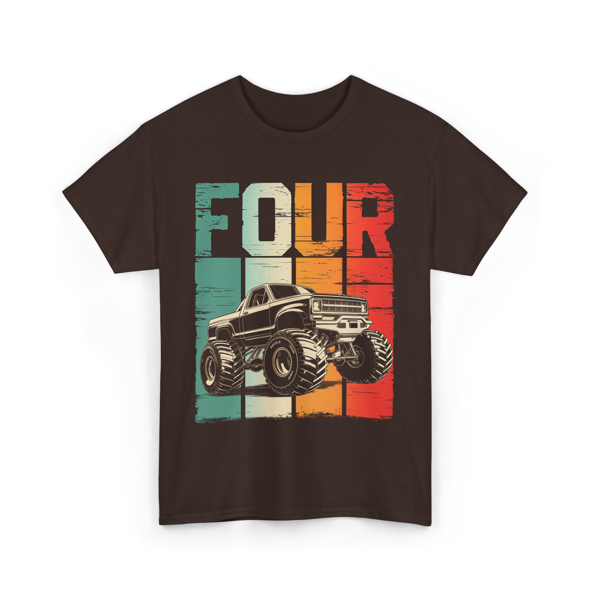 Four Monster Truck Birthday T-Shirt - Dark Chocolate