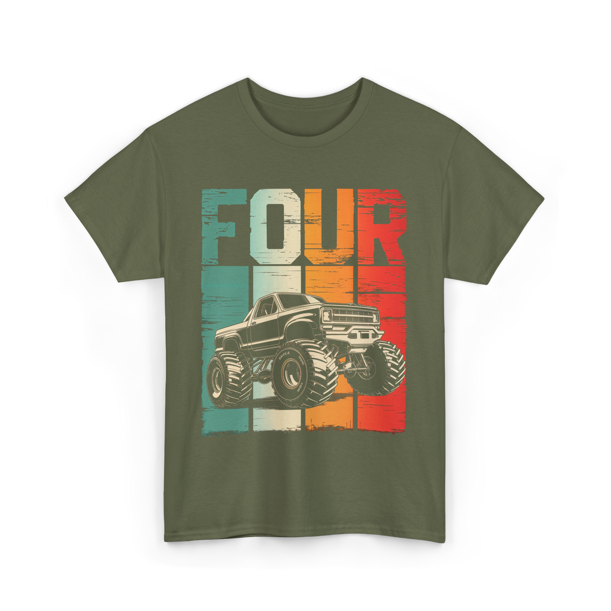 Four Monster Truck Birthday T-Shirt - Military Green