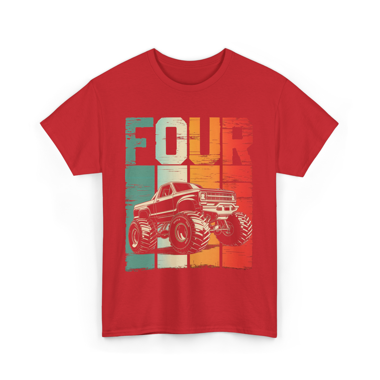 Four Monster Truck Birthday T-Shirt - Red