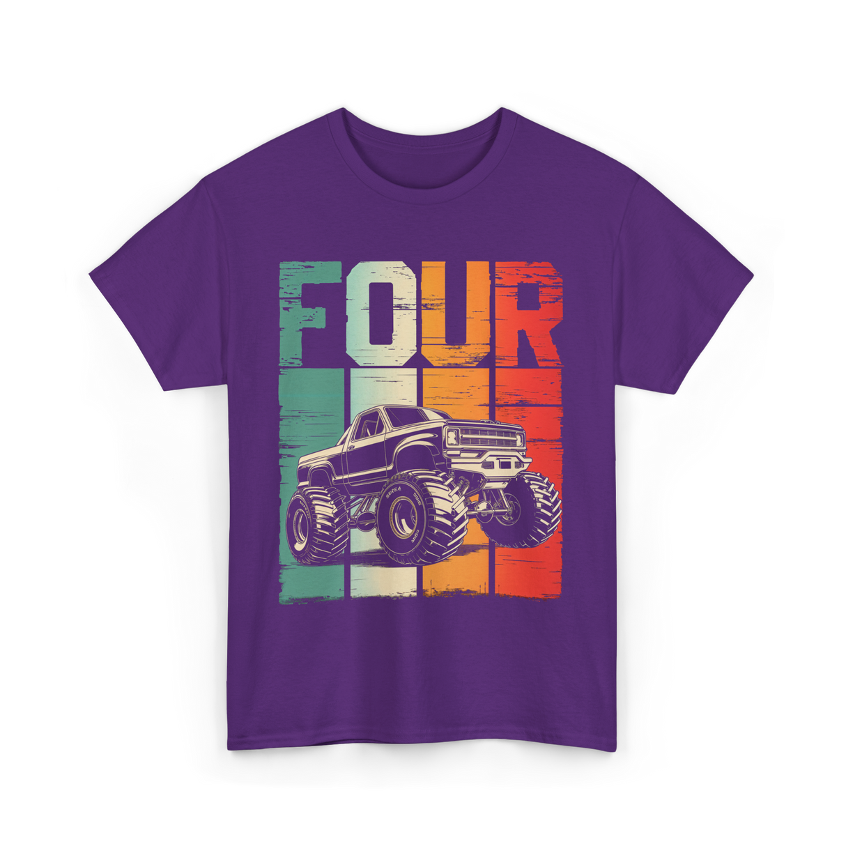 Four Monster Truck Birthday T-Shirt - Purple