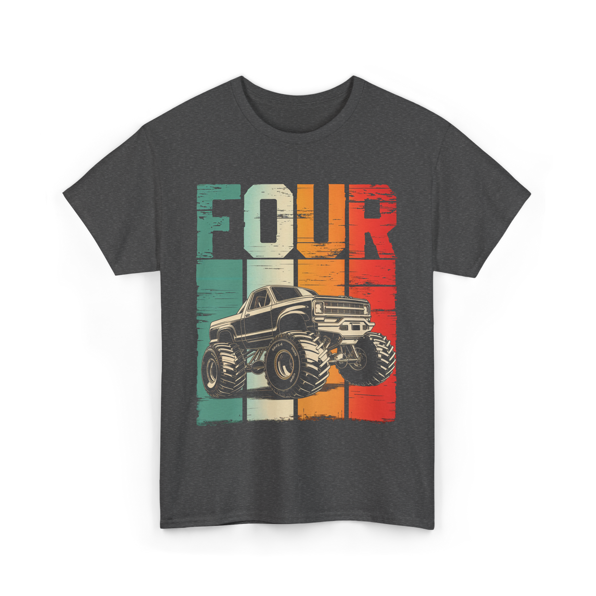 Four Monster Truck Birthday T-Shirt - Dark Heather