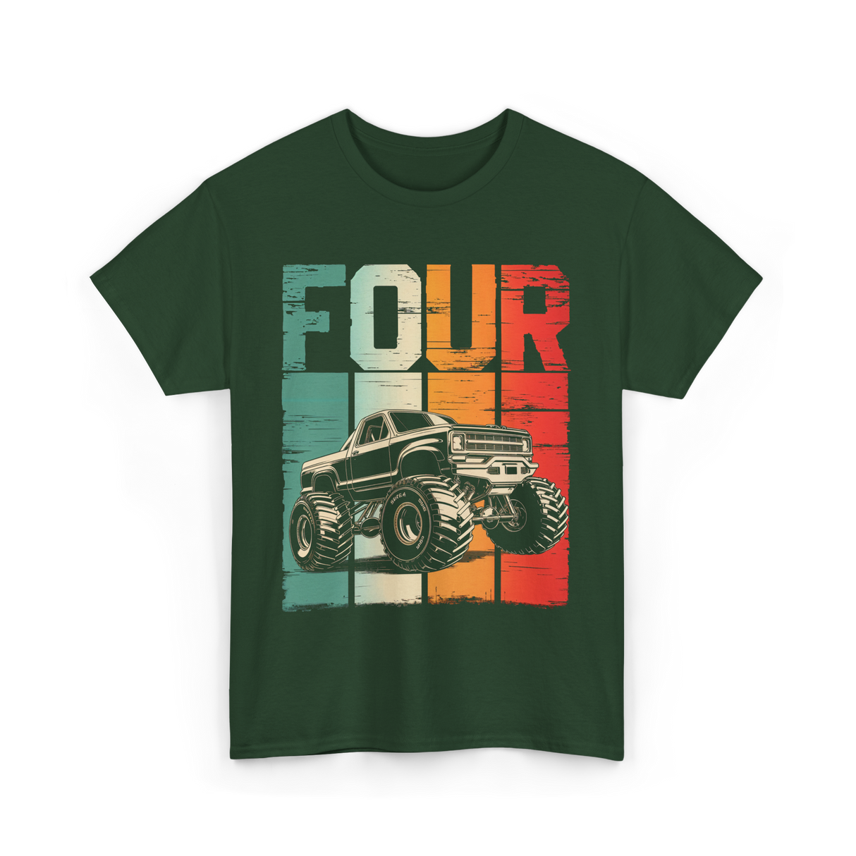 Four Monster Truck Birthday T-Shirt - Forest Green