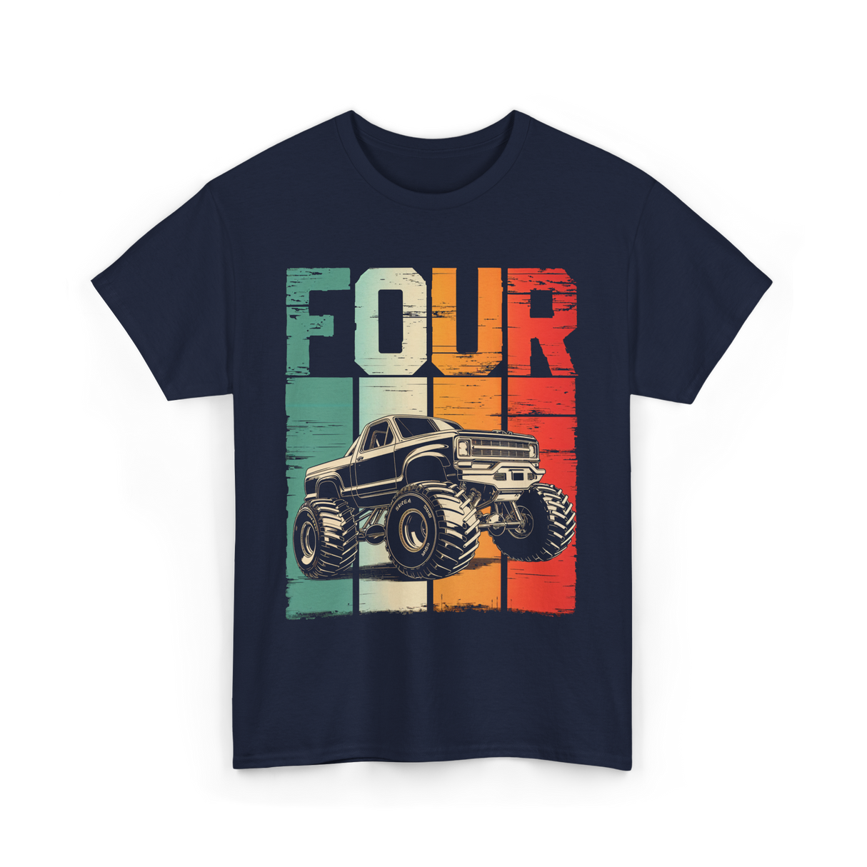 Four Monster Truck Birthday T-Shirt - Navy