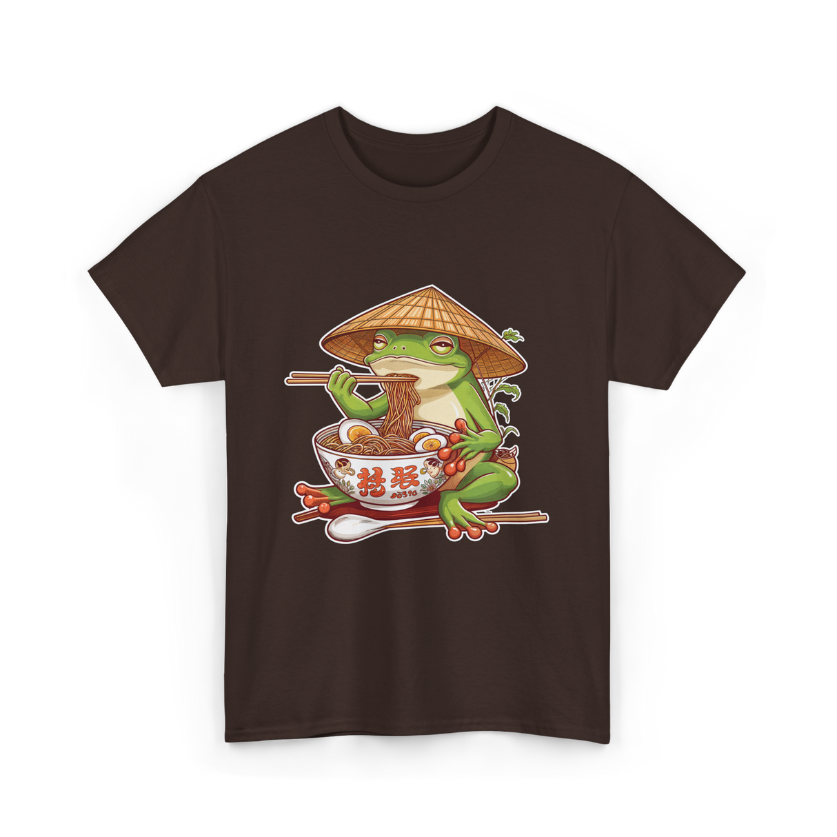 Frog Eating Ramen Japanese Noodles T-Shirt - Dark Chocolate