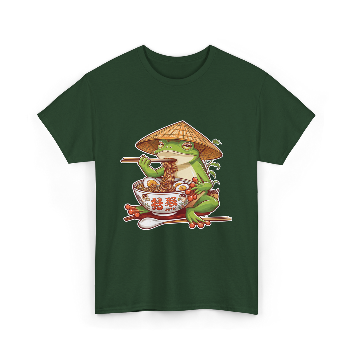 Frog Eating Ramen Japanese Noodles T-Shirt - Forest Green