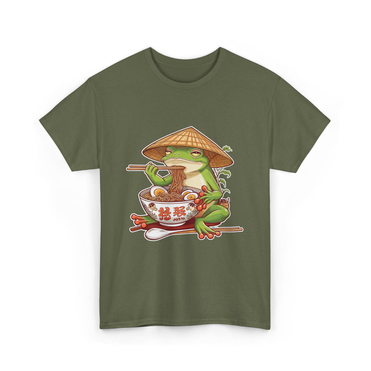 Frog Eating Ramen Japanese Noodles T-Shirt - Military Green