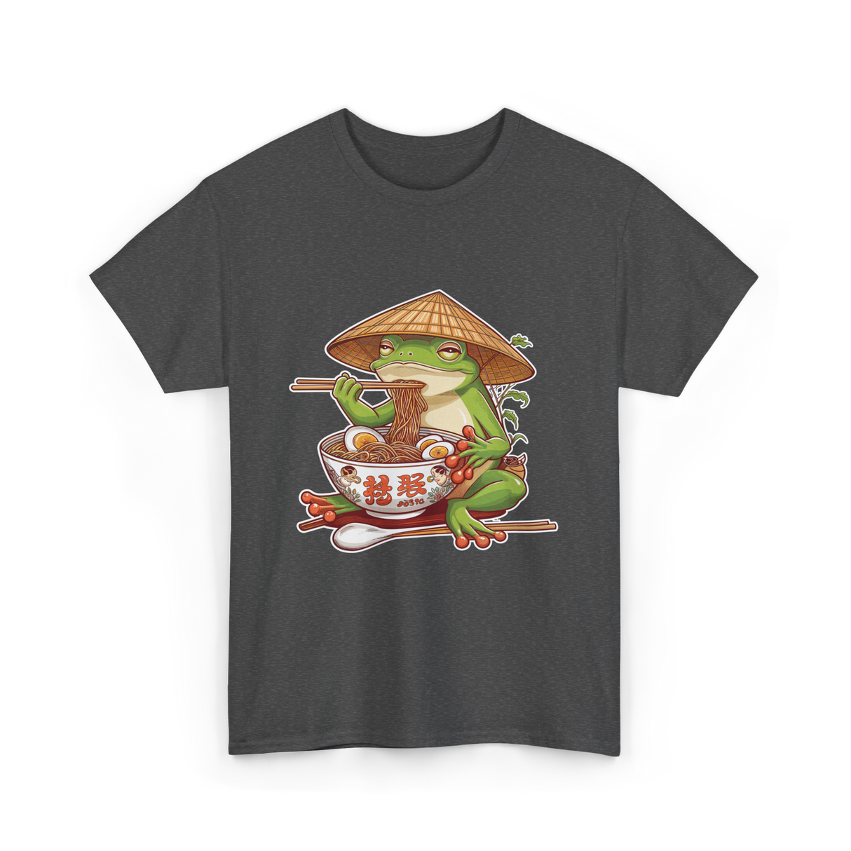 Frog Eating Ramen Japanese Noodles T-Shirt - Dark Heather