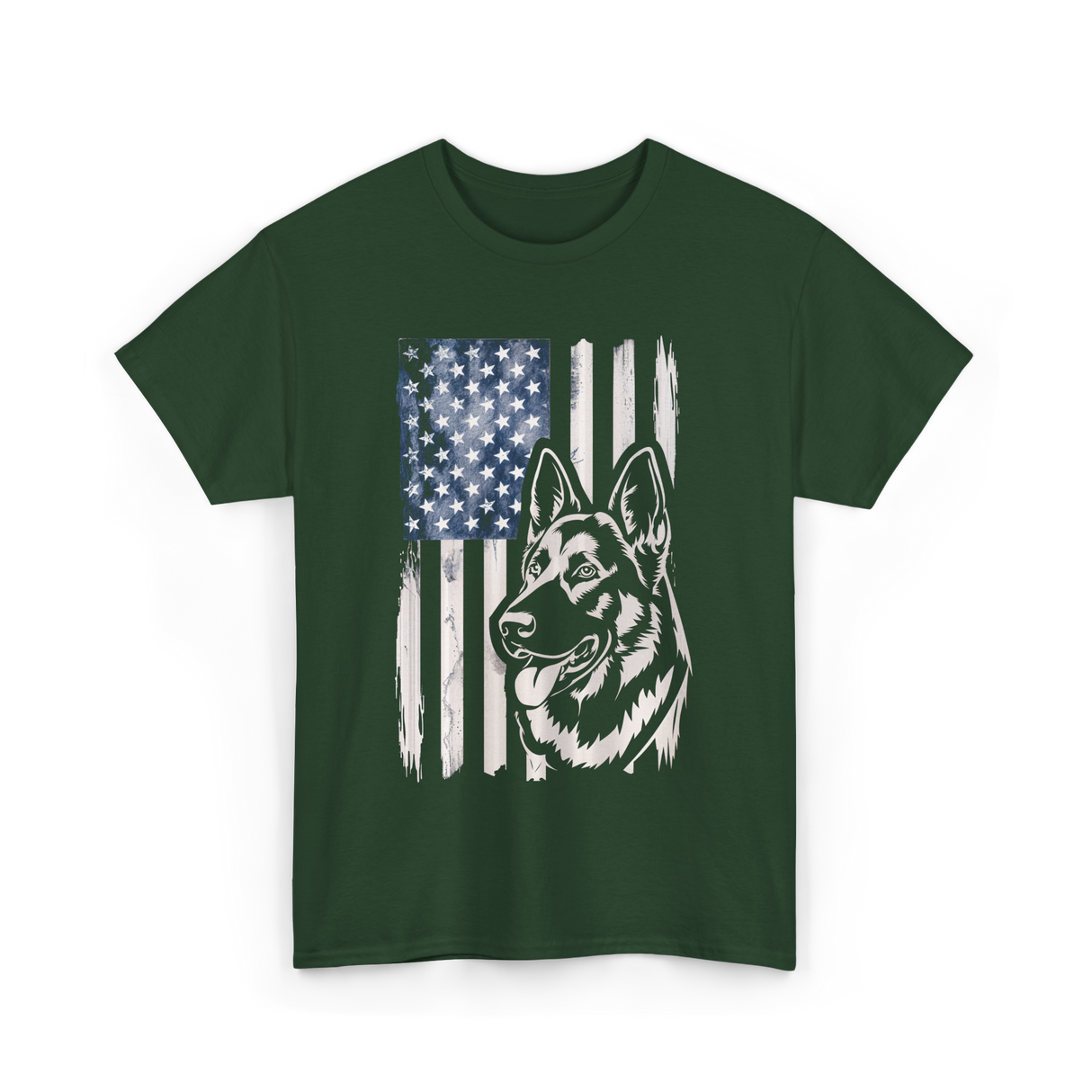 German Shepherd American Flag Patriotism T-Shirt - Forest Green