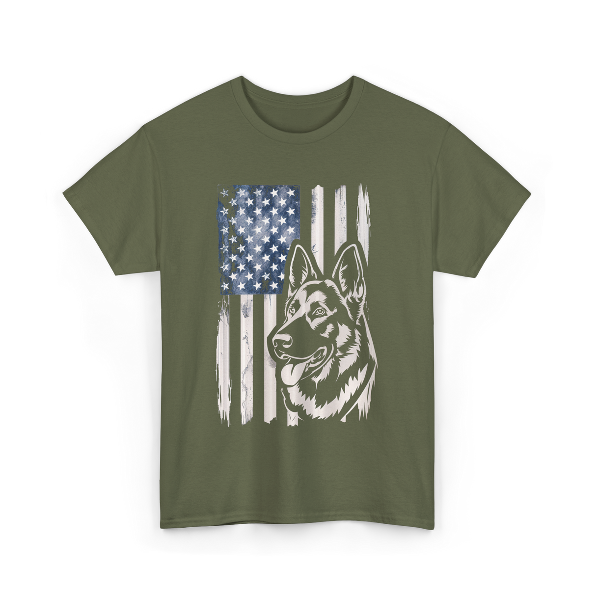 German Shepherd American Flag Patriotism T-Shirt - Military Green