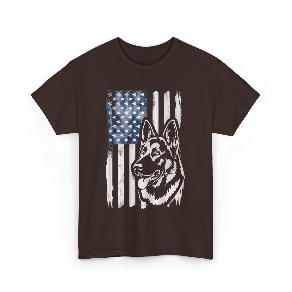 German Shepherd American Flag Patriotism T-Shirt - Dark Chocolate