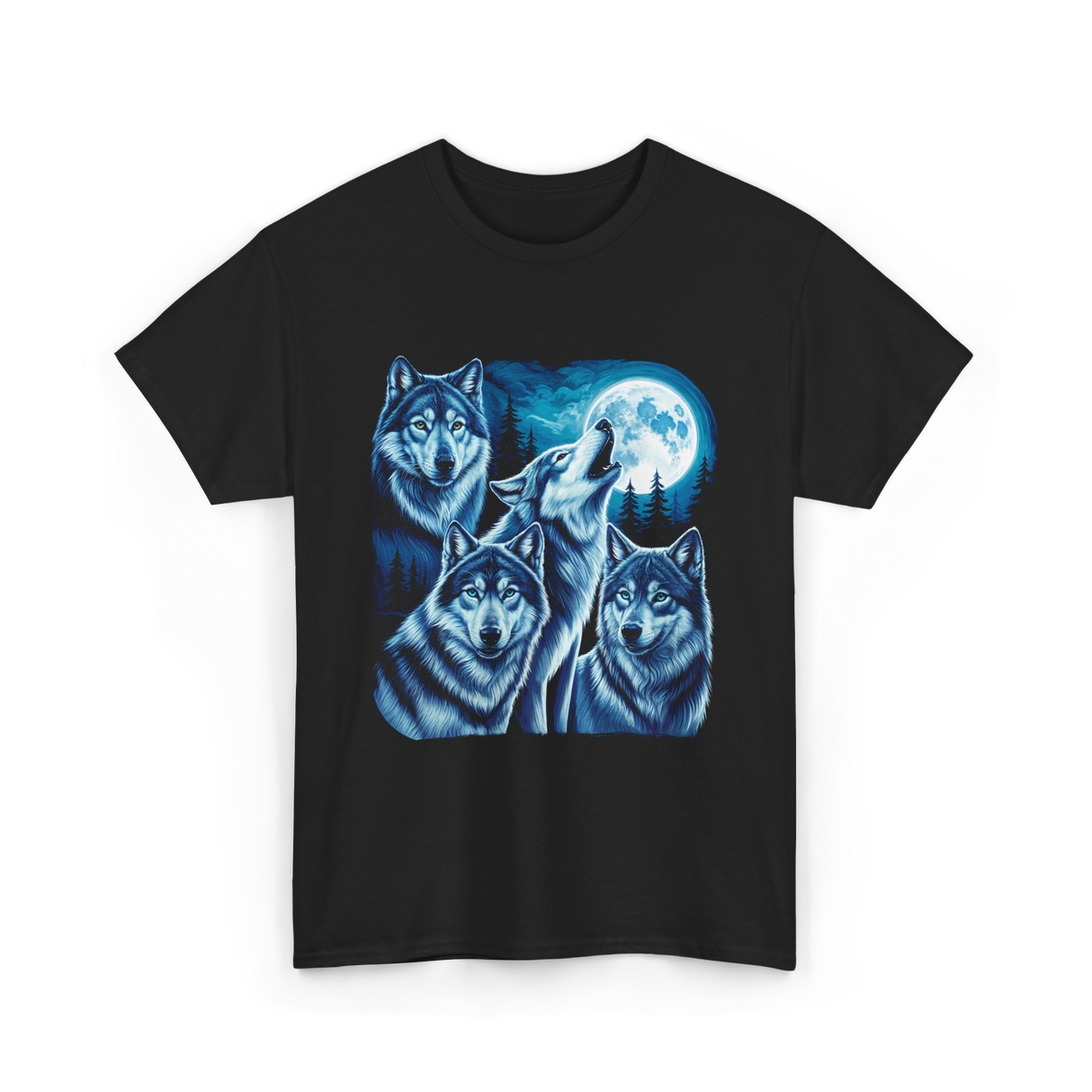 Grey Wolves Howling Night Animals T-Shirt - Black