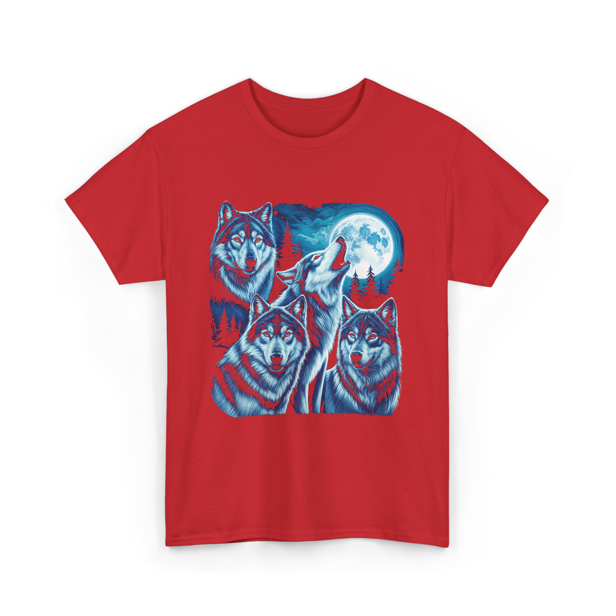 Grey Wolves Howling Night Animals T-Shirt - Red