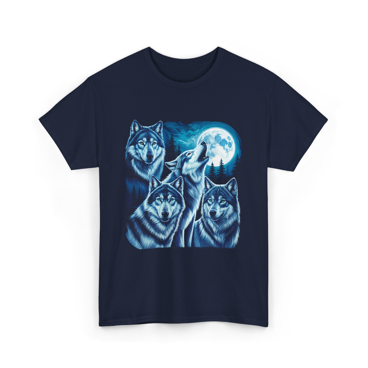 Grey Wolves Howling Night Animals T-Shirt - Navy