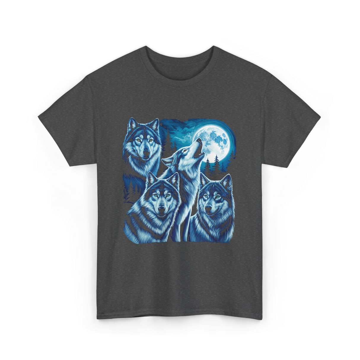 Grey Wolves Howling Night Animals T-Shirt - Dark Heather