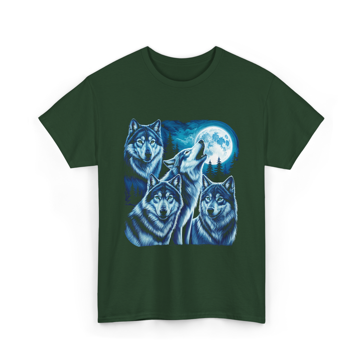 Grey Wolves Howling Night Animals T-Shirt - Forest Green