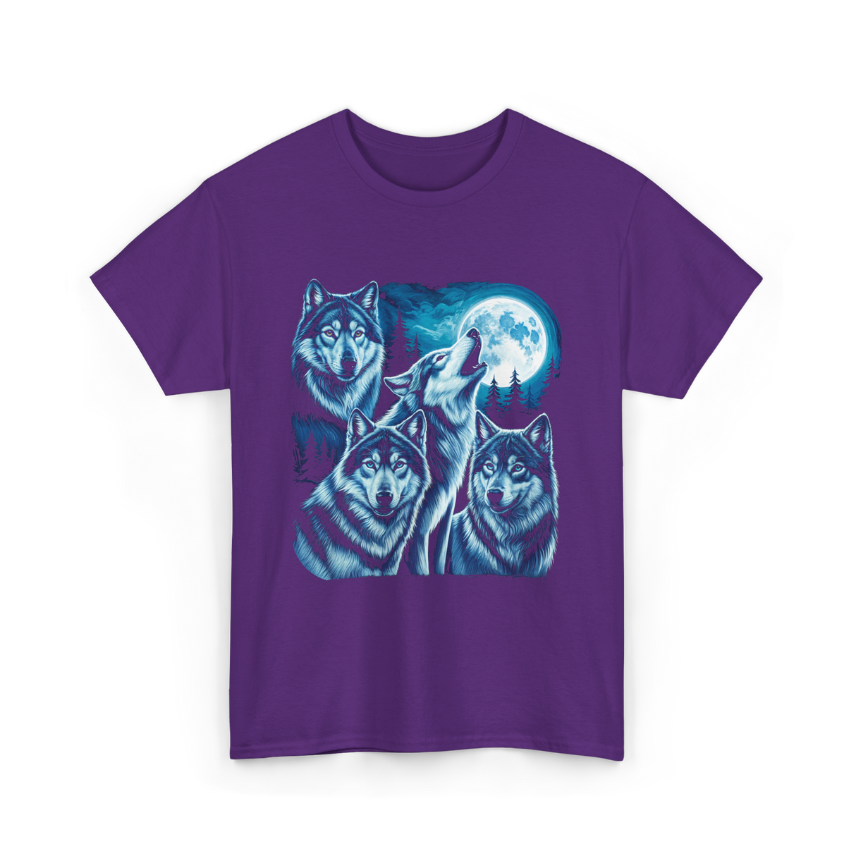 Grey Wolves Howling Night Animals T-Shirt - Purple