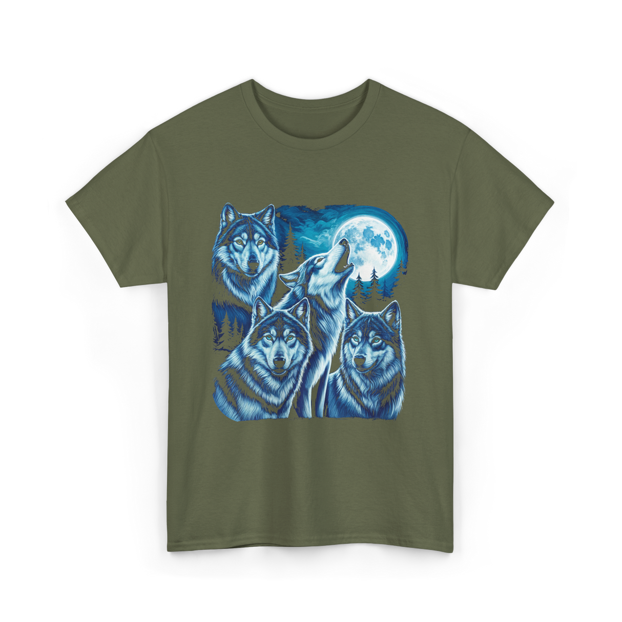 Grey Wolves Howling Night Animals T-Shirt - Military Green