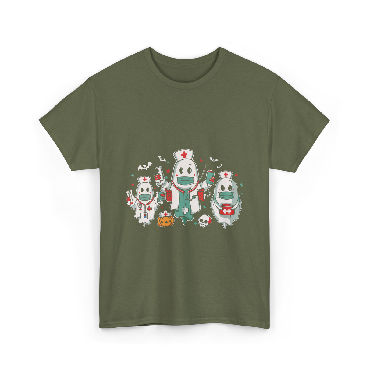 Halloween Nurse Ghost Nursing T-Shirt - Military Green