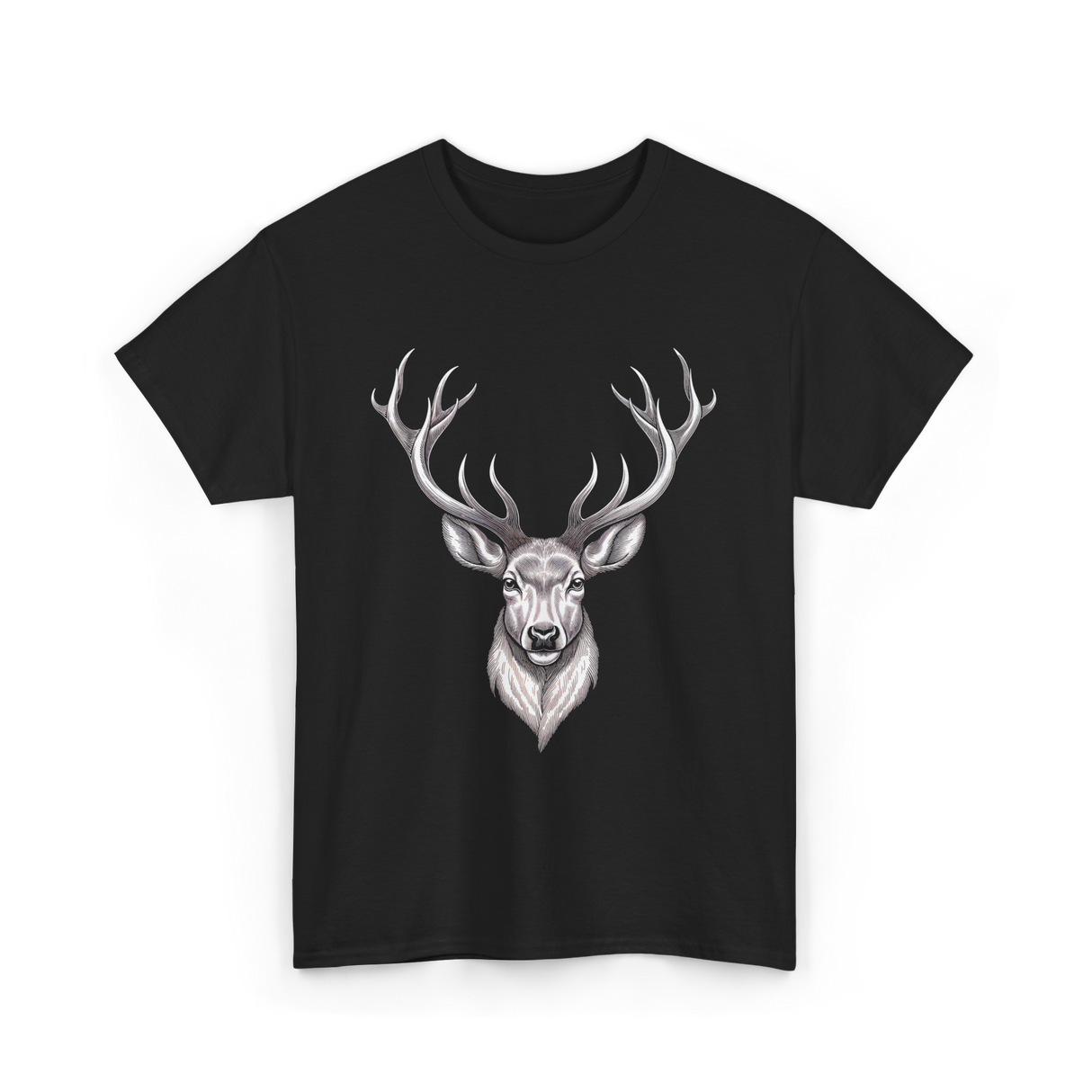 Hand Drawn Buck Deer Antlers Wildlife T-Shirt - Black