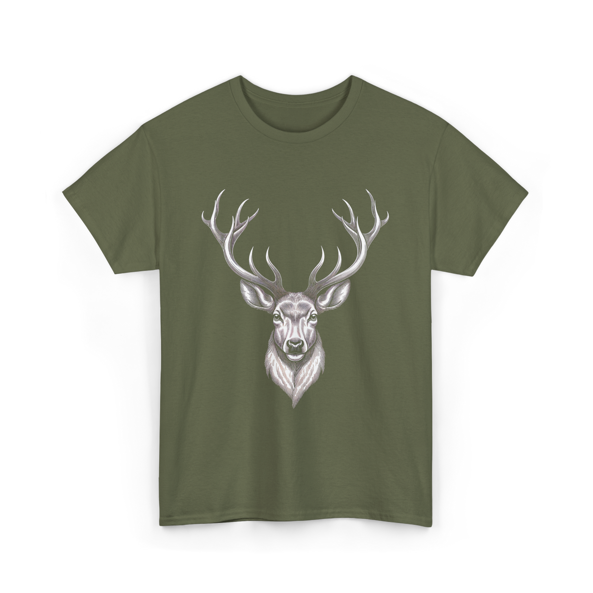 Hand Drawn Buck Deer Antlers Wildlife T-Shirt - Military Green