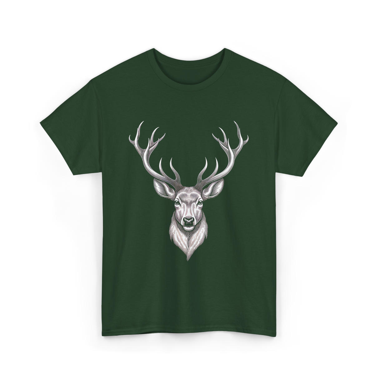 Hand Drawn Buck Deer Antlers Wildlife T-Shirt - Forest Green