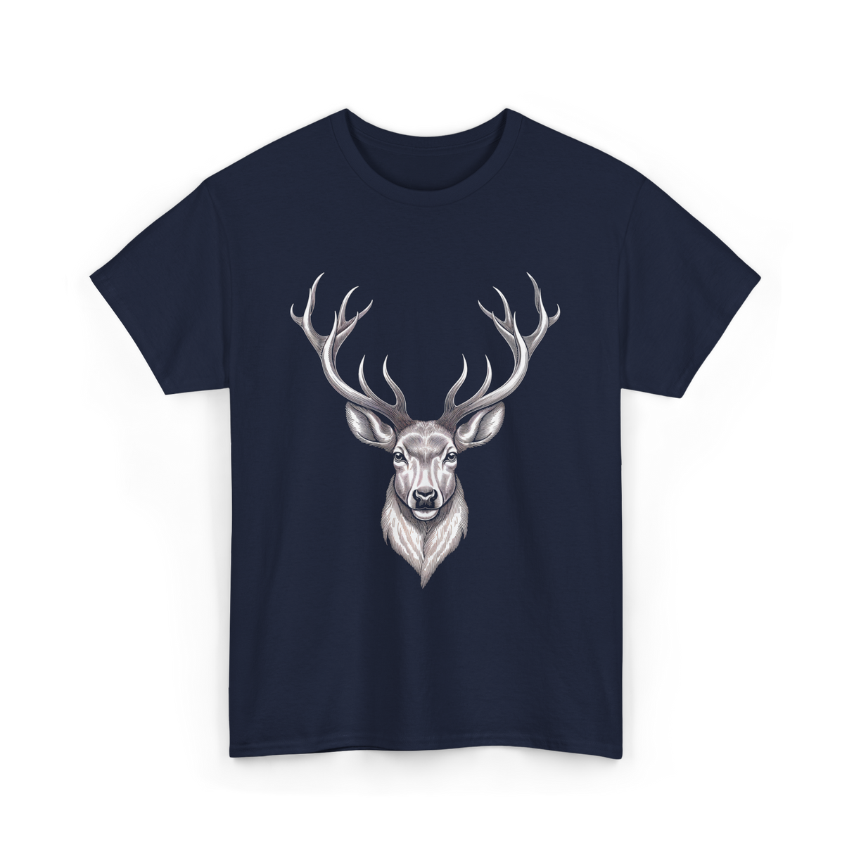 Hand Drawn Buck Deer Antlers Wildlife T-Shirt - Navy