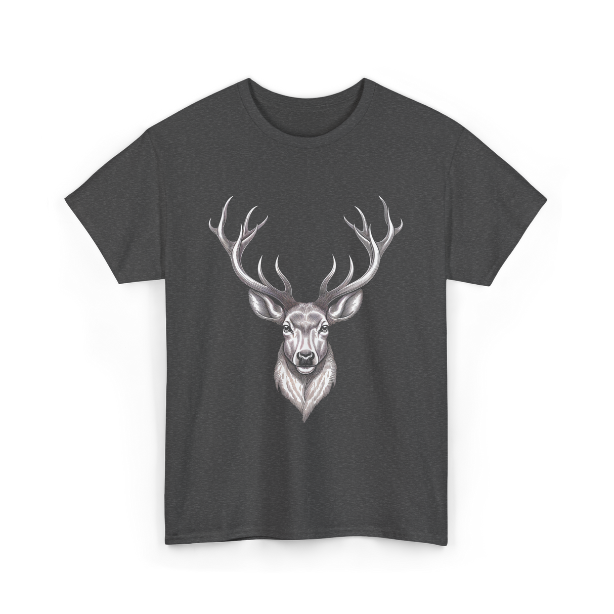 Hand Drawn Buck Deer Antlers Wildlife T-Shirt - Dark Heather