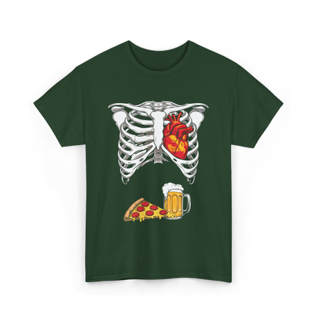 Heart Beer Pizza Skeleton T-Shirt - Forest Green