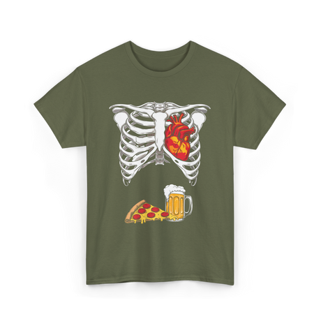 Heart Beer Pizza Skeleton T-Shirt - Military Green