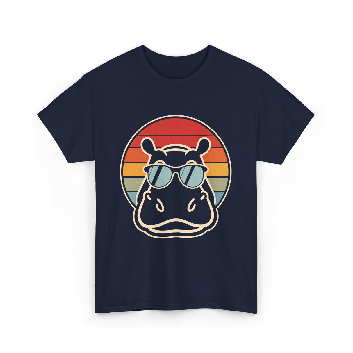 Hippo Sunglasses Retro Hippopotamus T-Shirt - Navy