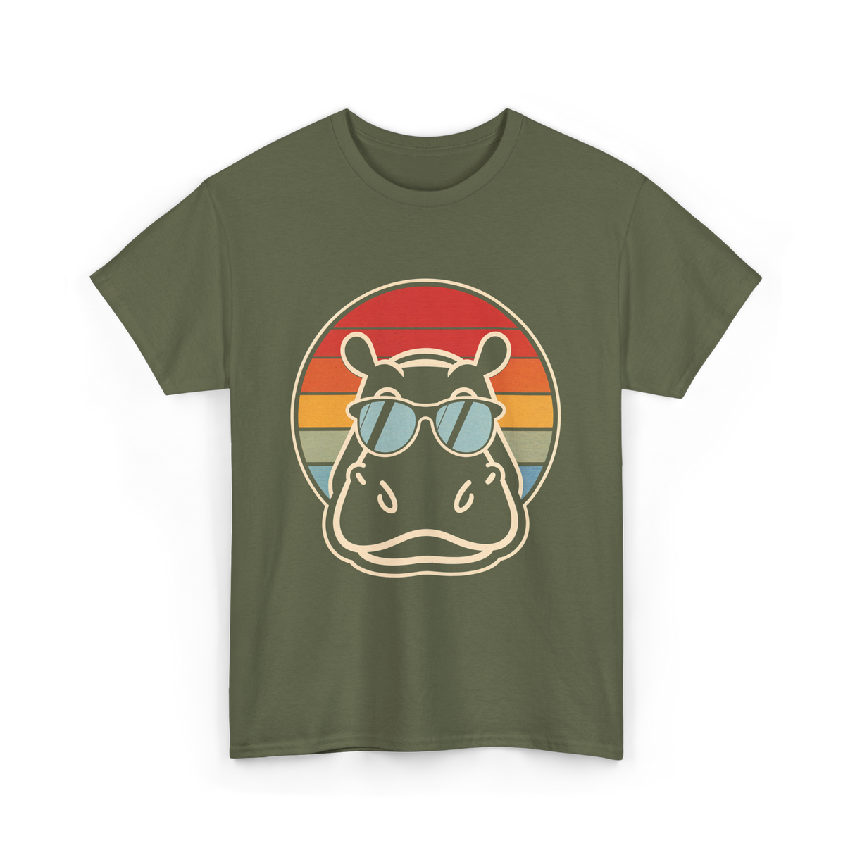 Hippo Sunglasses Retro Hippopotamus T-Shirt - Military Green