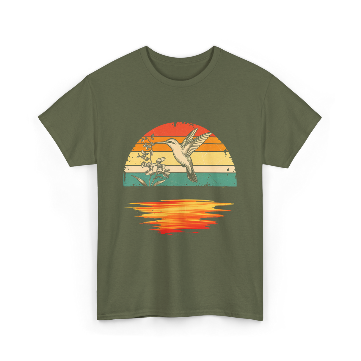 Hummingbird Vintage Sunset Hummingbirds T-Shirt - Military Green