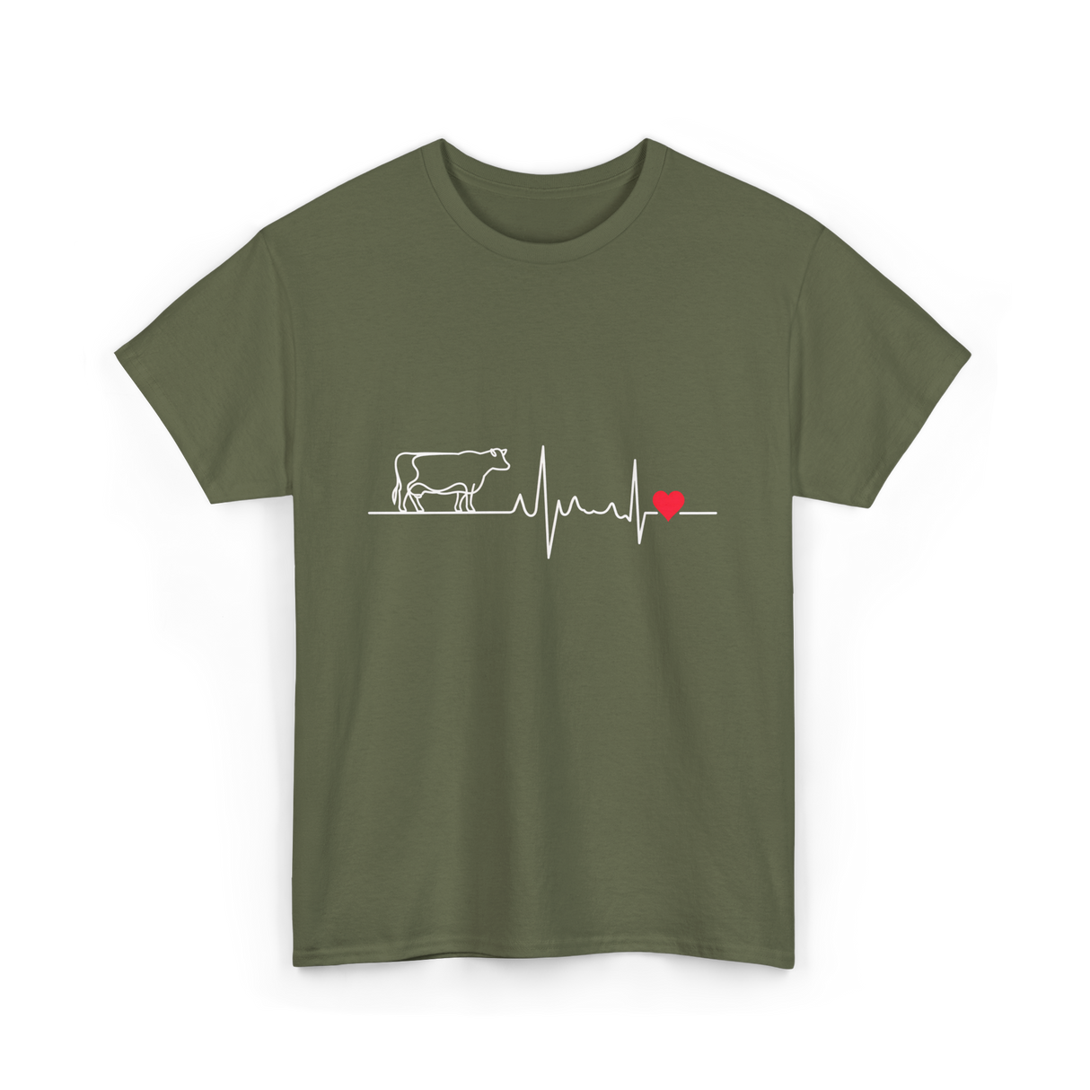 I Love My Cow Heartbeat Cow Lover T-Shirt - Military Green